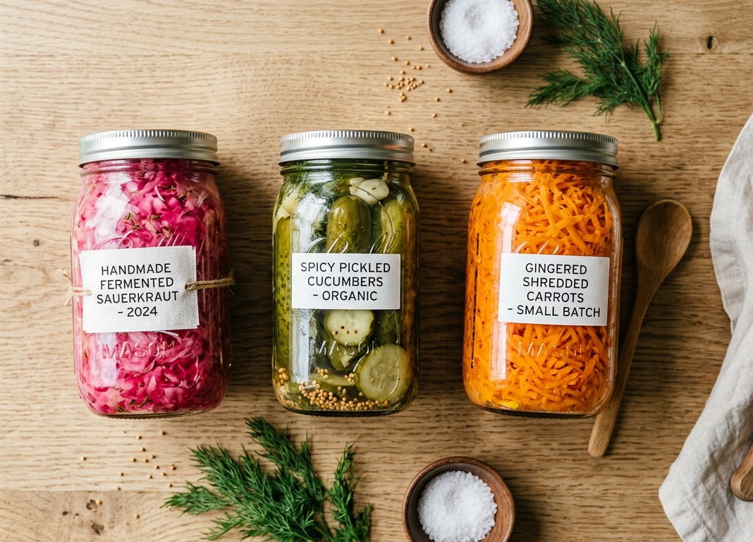 Sklené poháre s kvašenou zeleninou na drevenom stole